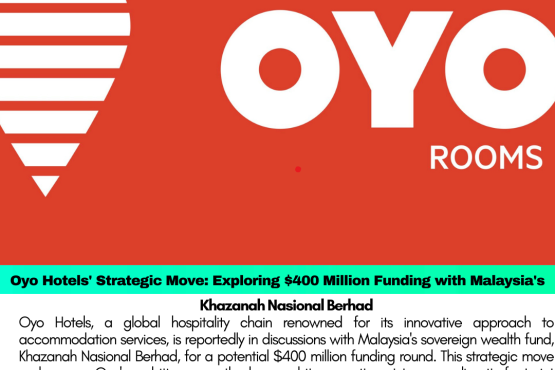 Oyo Hotels, a global hospitality chain renowned for its innovative approach to accommodation services, is reportedly in discussions with Malaysia's sovereign wealth fund, Khazanah Nasional Berhad, for a potential $400 million funding round. This strategic move underscores Oyo's ambitious growth plans and its commitment to expanding its footprint across key markets.