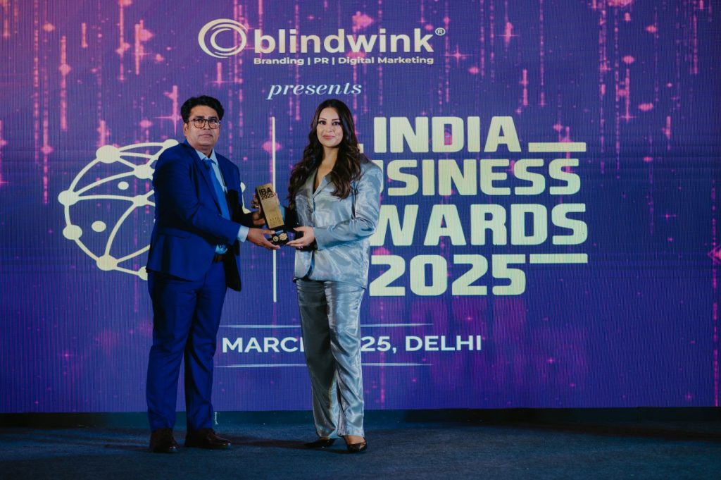 Mr. Sanjay Chauhan received the Blindwink India Business Award 2025 for Best Quality Standards & Services in the HVAC Industry — Adhunik Powertech Private Limited — presented by Bollywood actress Bipasha Basu.